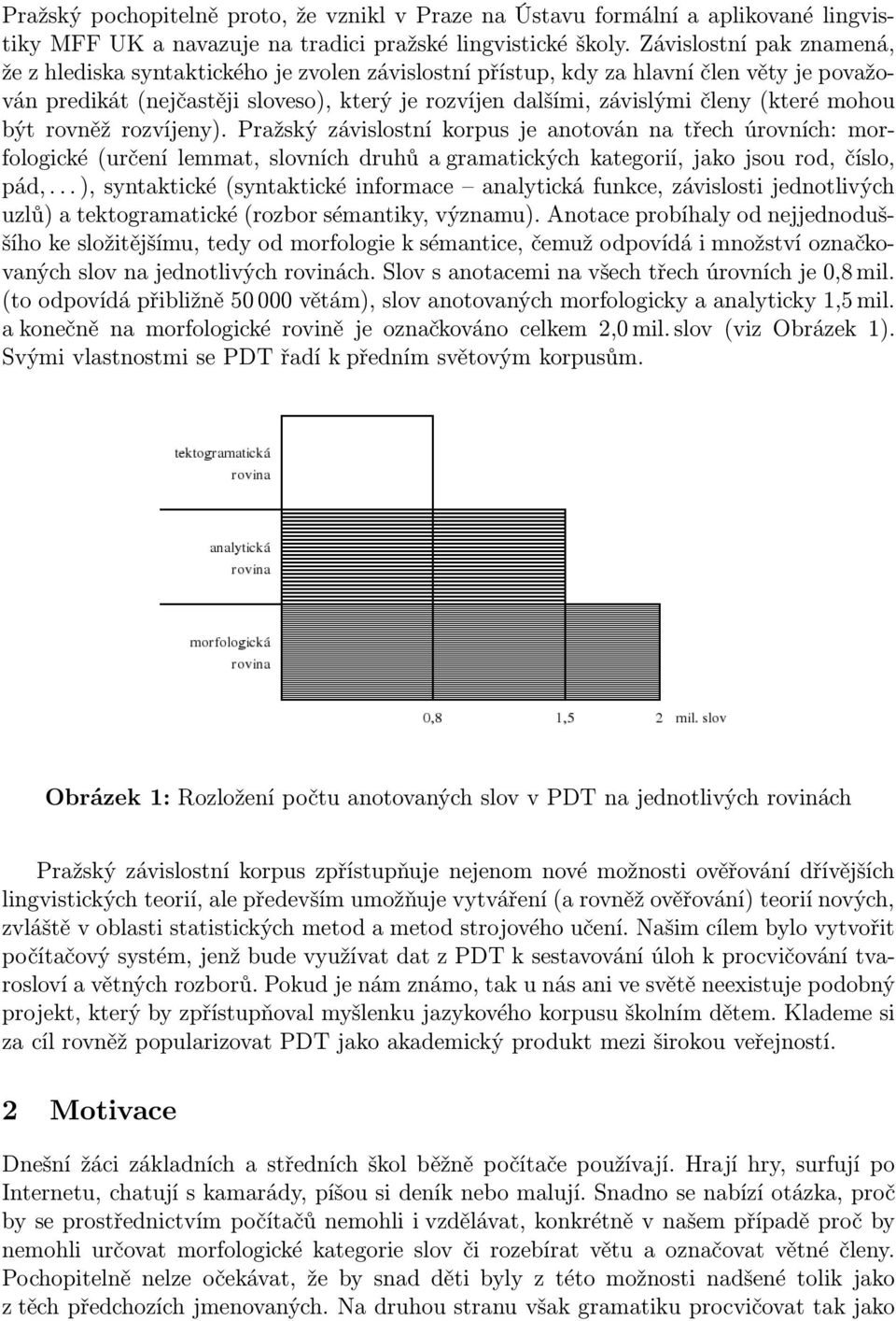 mohou být rovněž rozvíjeny). Pražský závislostní korpus je anotován na třech úrovních: morfologické(určení lemmat, slovních druhů a gramatických kategorií, jako jsou rod, číslo, pád,.