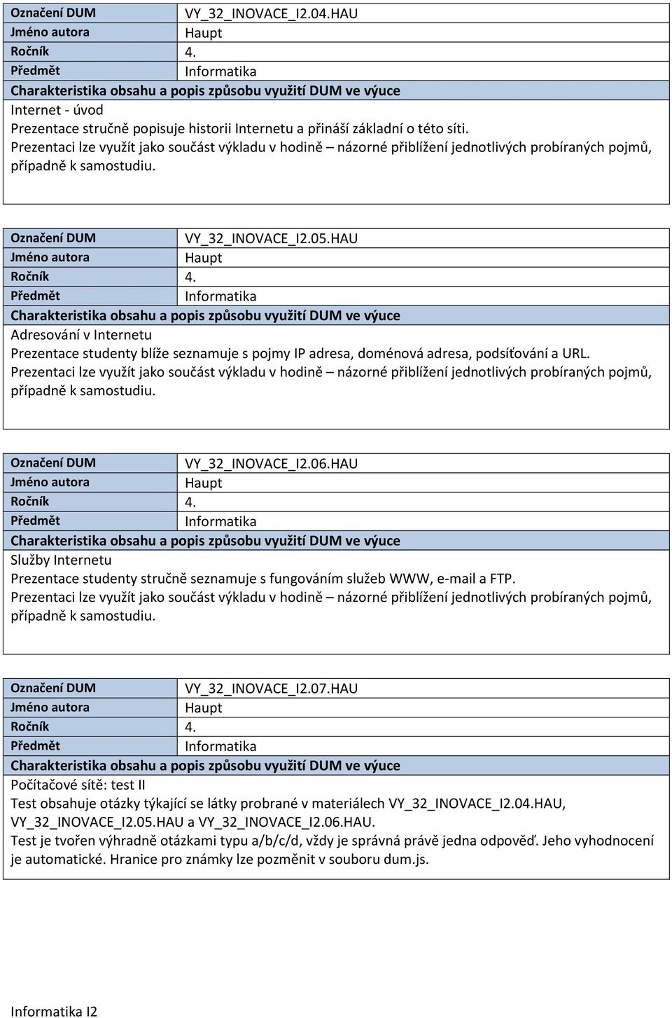 HAU Služby Internetu Prezentace studenty stručně seznamuje s fungováním služeb WWW, e-mail a FTP. VY_32_INOVACE_I2.07.