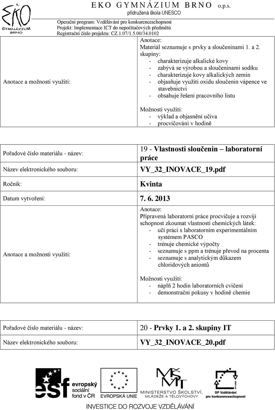 řešení pracovního listu - procvičování v hodině 19 - Vlastnosti sloučenin laboratorní práce VY_32_INOVACE_19.pdf Datum vytvoření: 7. 6.