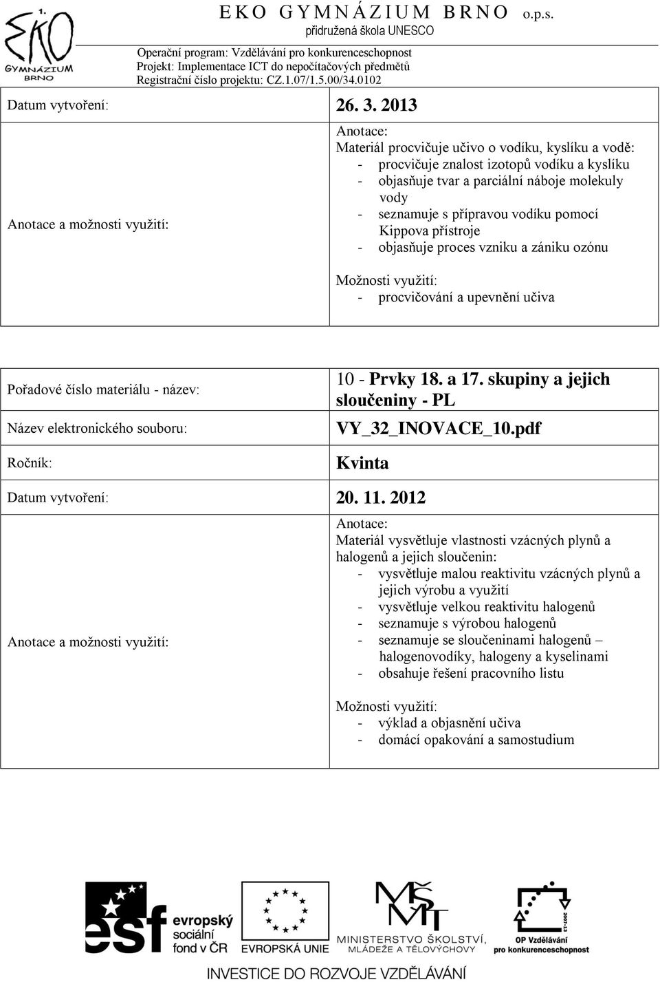 Kippova přístroje - objasňuje proces vzniku a zániku ozónu - procvičování a upevnění učiva 10 - Prvky 18. a 17. skupiny a jejich sloučeniny - PL VY_32_INOVACE_10.pdf Datum vytvoření: 20. 11.