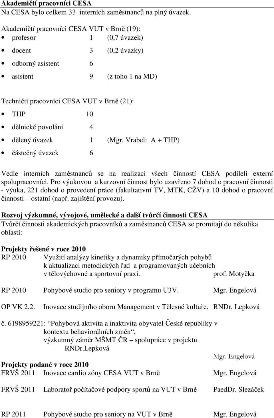 povolání 4 dělený úvazek 1 (Mgr. Vrabel: A + THP) částečný úvazek 6 Vedle interních zaměstnanců se na realizaci všech činností CESA podíleli externí spolupracovníci.