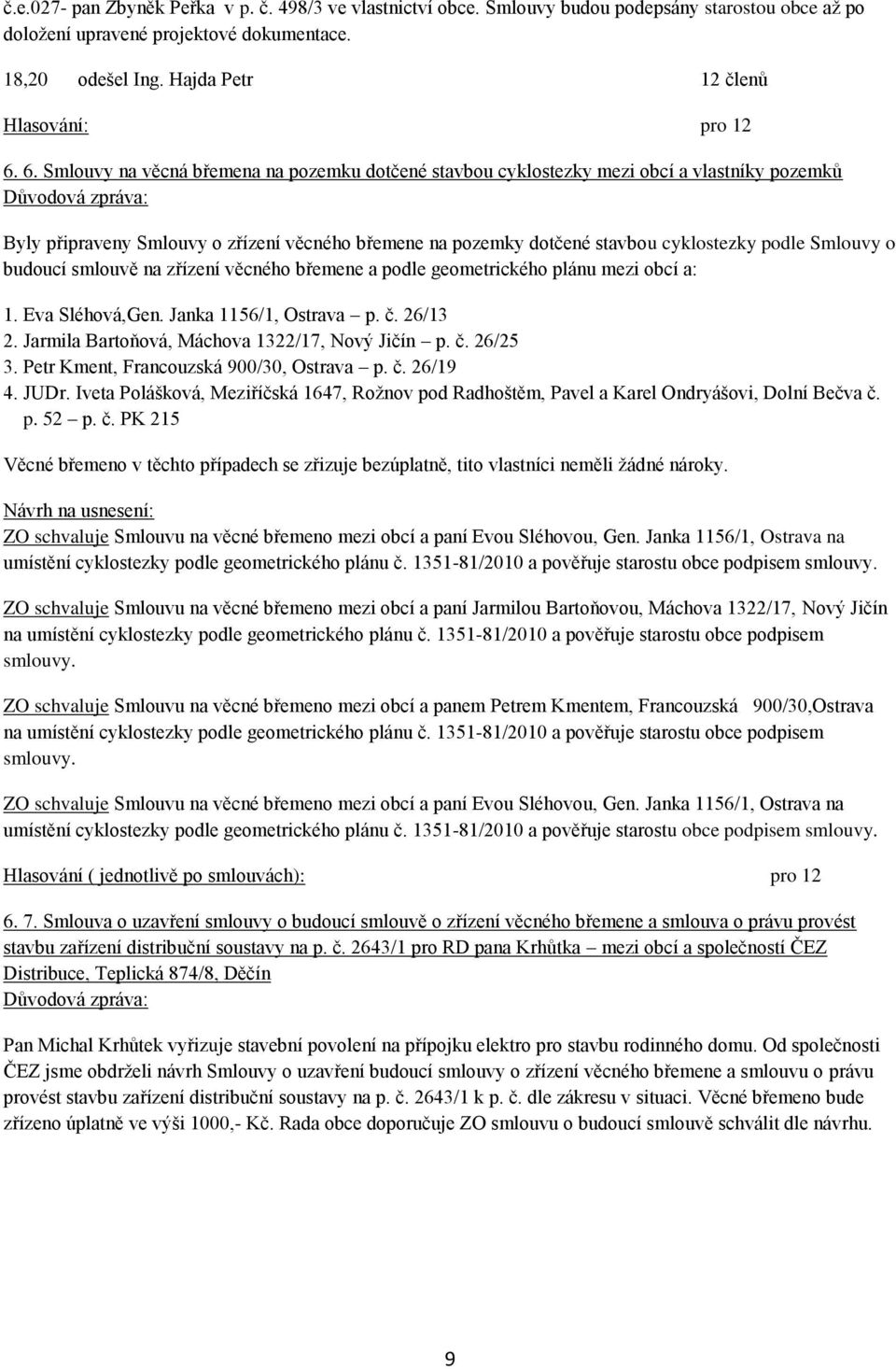 6. Smlouvy na věcná břemena na pozemku dotčené stavbou cyklostezky mezi obcí a vlastníky pozemků Byly připraveny Smlouvy o zřízení věcného břemene na pozemky dotčené stavbou cyklostezky podle Smlouvy