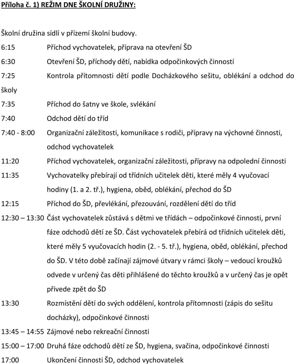 7:35 Příchod do šatny ve škole, svlékání 7:40 Odchod dětí do tříd 7:40-8:00 Organizační záležitosti, komunikace s rodiči, přípravy na výchovné činnosti, odchod vychovatelek 11:20 Příchod