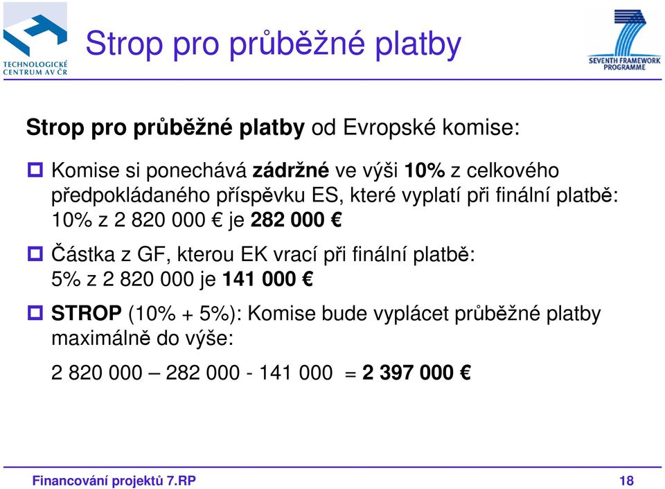 z 2 82 je 282 Částka z GF, kterou EK vrací při finální platbě: 5% z 2 82 je 141 STROP (1% + 5%):