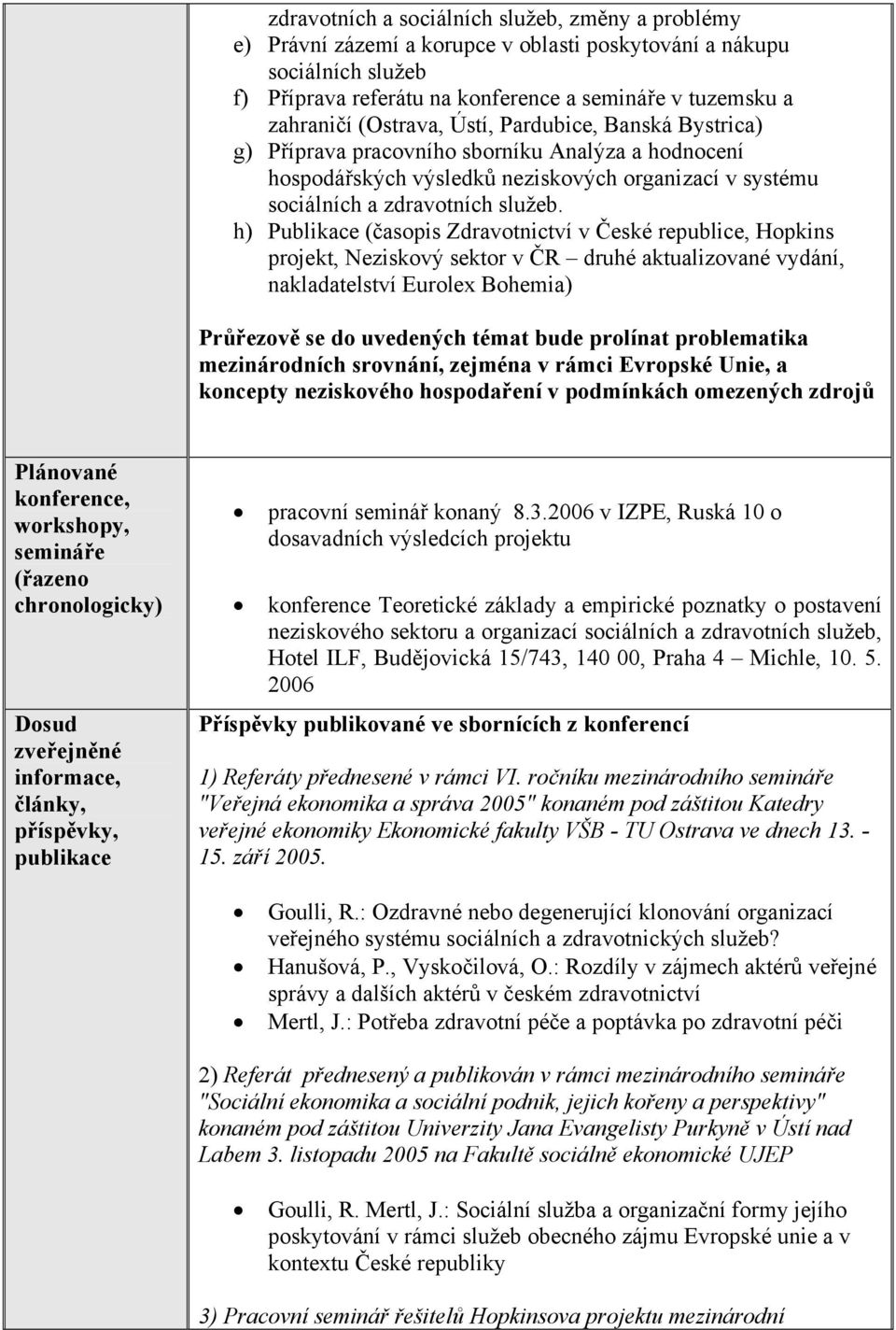 h) Publikace (časopis Zdravotnictví v České republice, Hopkins projekt, Neziskový sektor v ČR druhé aktualizované vydání, nakladatelství Eurolex Bohemia) Průřezově se do uvedených témat bude prolínat