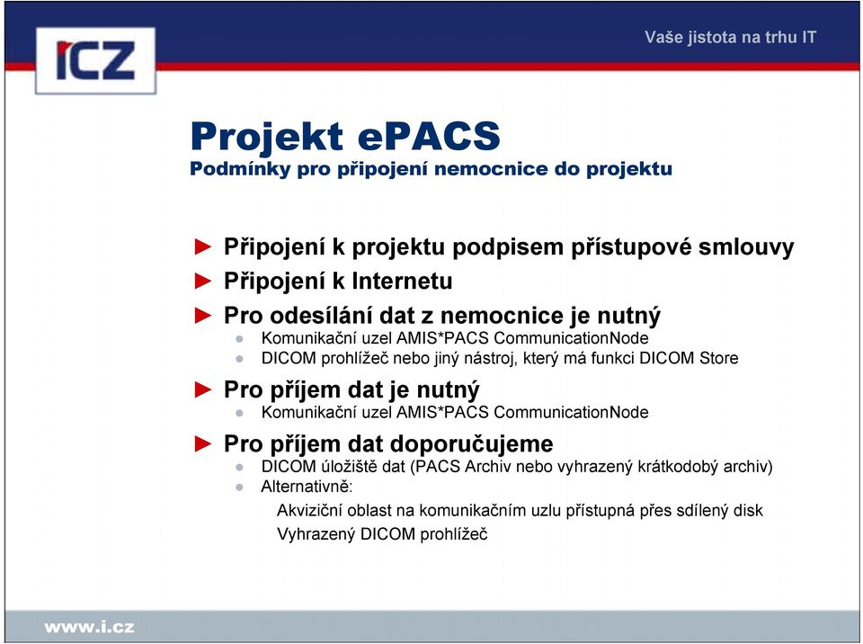 Store Pro příjem dat je nutný Komunikační uzel AMIS*PACS CommunicationNode Pro příjem dat doporučujeme DICOM úložiště dat (PACS Archiv