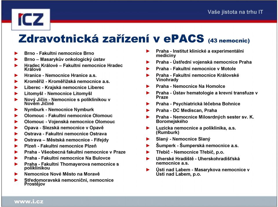 Vojenská nemocnice Olomouc Opava - Slezská nemocnice v Opavě Ostrava - Fakultní nemocnice Ostrava Ostrava Městská nemocnice - Fifejdy Plzeň - Fakultní nemocnice Plzeň Praha - Všeobecná fakultní