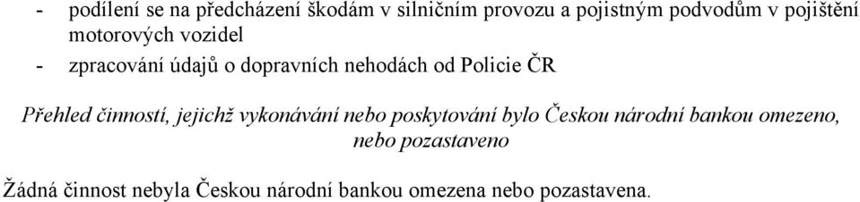 Přehled činností, jejichž vykonávání nebo poskytování bylo Českou národní bankou