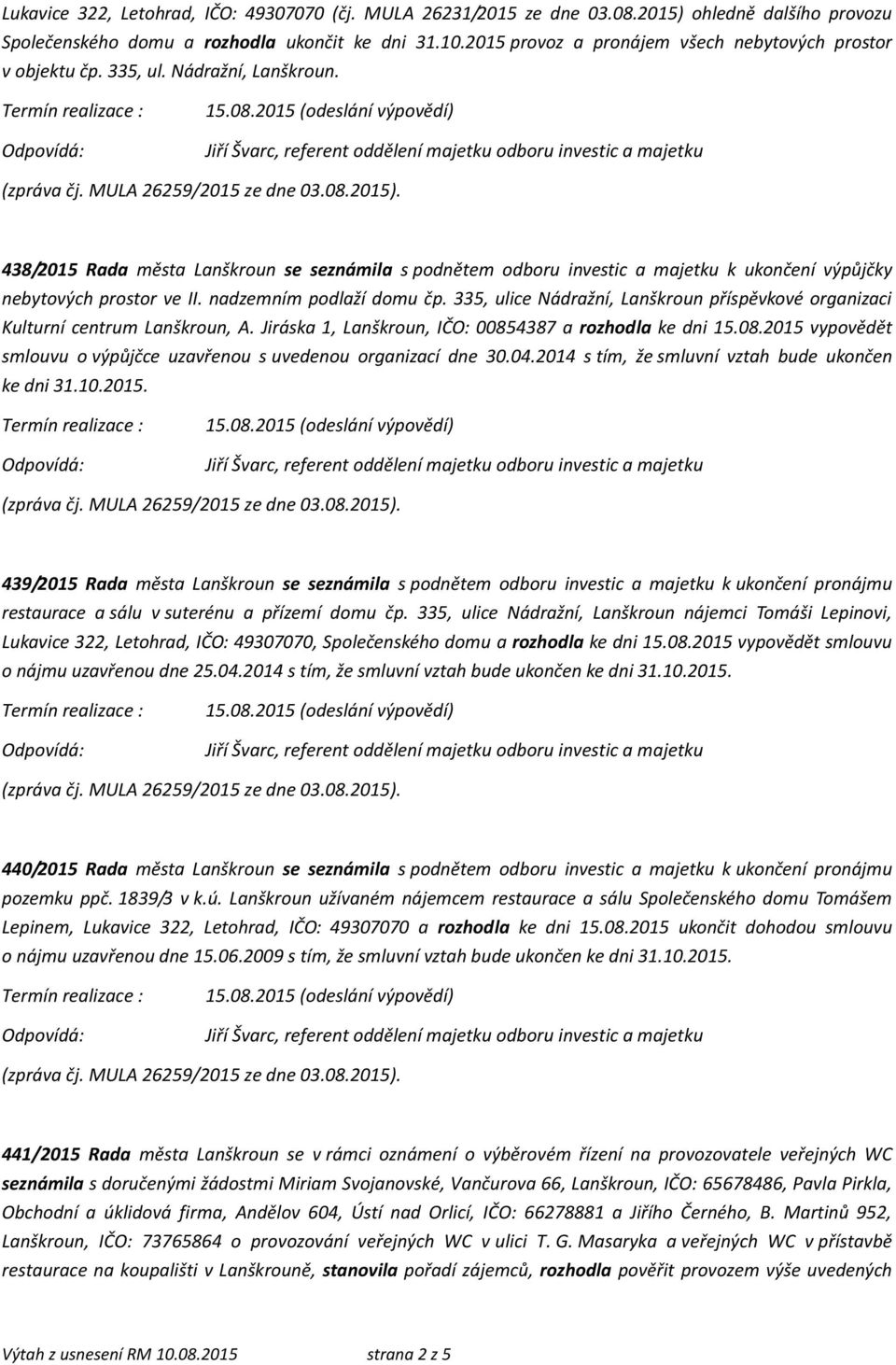 438/2015 Rada města Lanškroun se seznámila s podnětem odboru investic a majetku k ukončení výpůjčky nebytových prostor ve II. nadzemním podlaží domu čp.