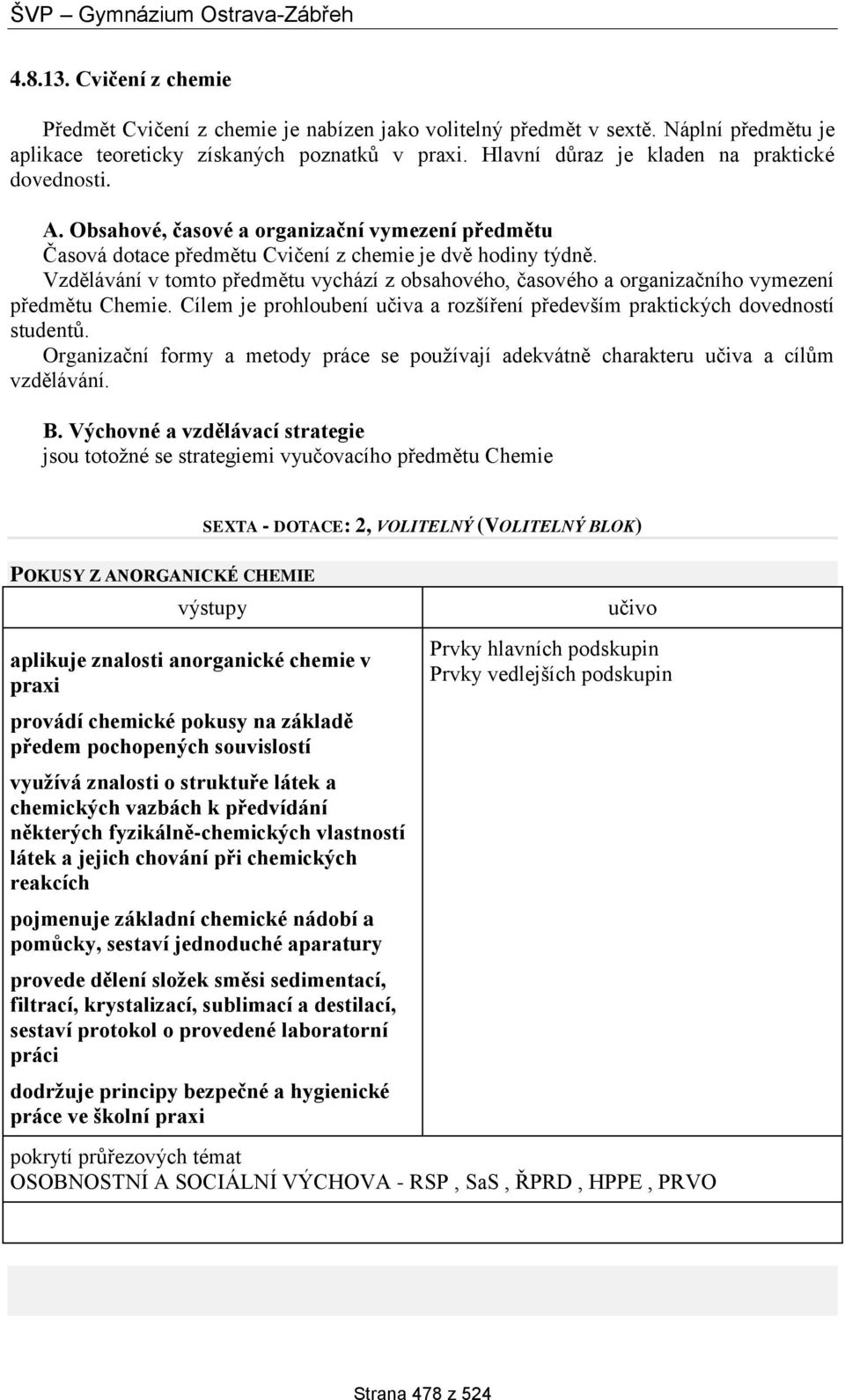 Vzdělávání v tomto předmětu vychází z obsahového, časového a organizačního vymezení předmětu Chemie. Cílem je prohloubení učiva a rozšíření především praktických dovedností studentů.