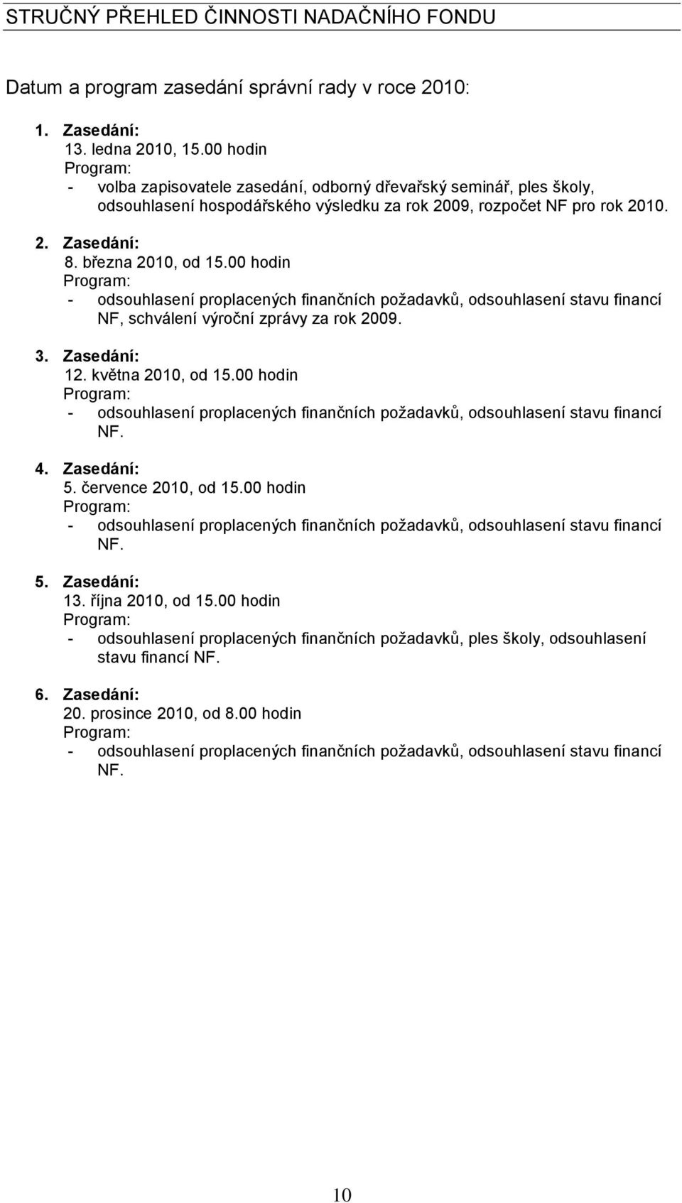 00 hodin - odsouhlasení proplacených finančních poţadavků, odsouhlasení stavu financí NF, schválení výroční zprávy za rok 2009. 3. Zasedání: 12. května 2010, od 15.