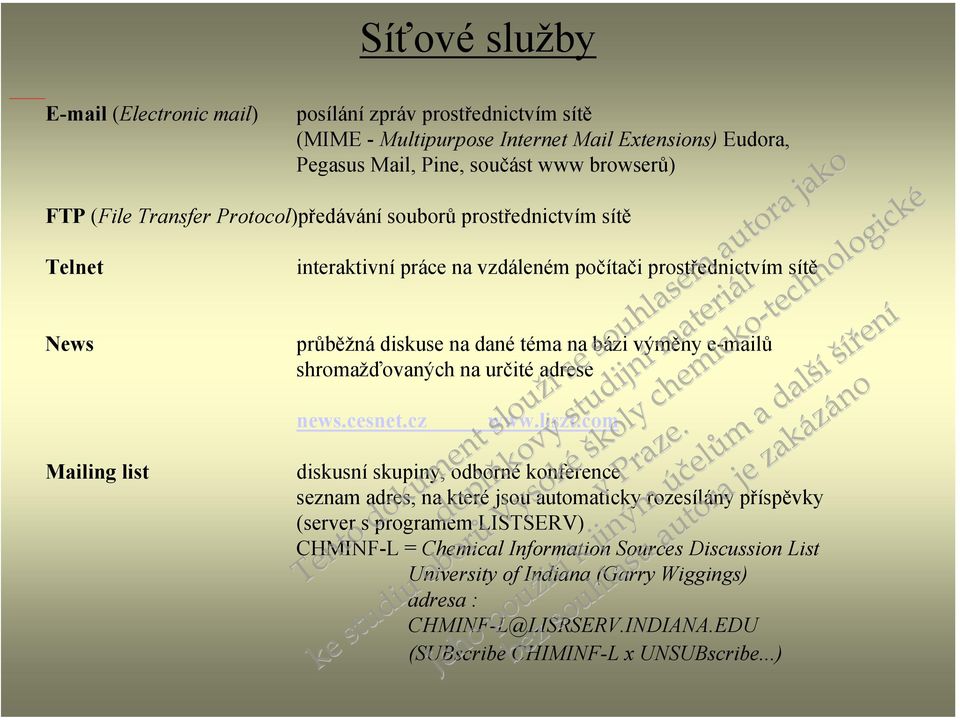 vzdáleném počítači prostřednictvím sítě řen News průběžná diskuse na dané téma na bázi výměny e-mailů shromažďovaných na určité adrese news.cesnet.cz www.liszt.