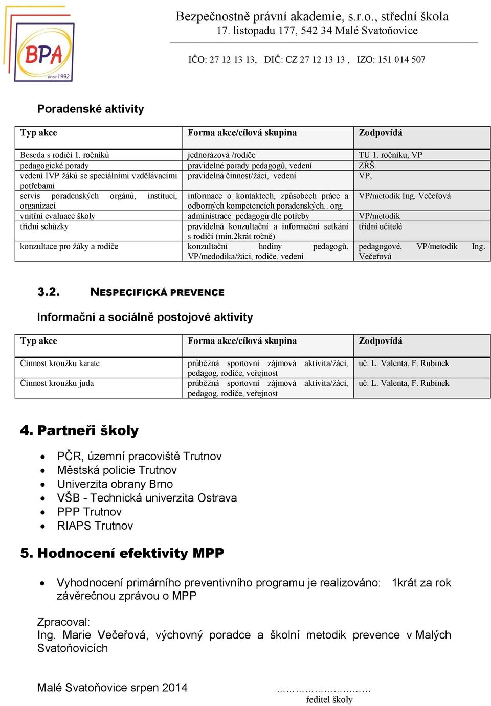 informace o kontaktech, způsobech práce a VP/metodik Ing. Večeřová orga