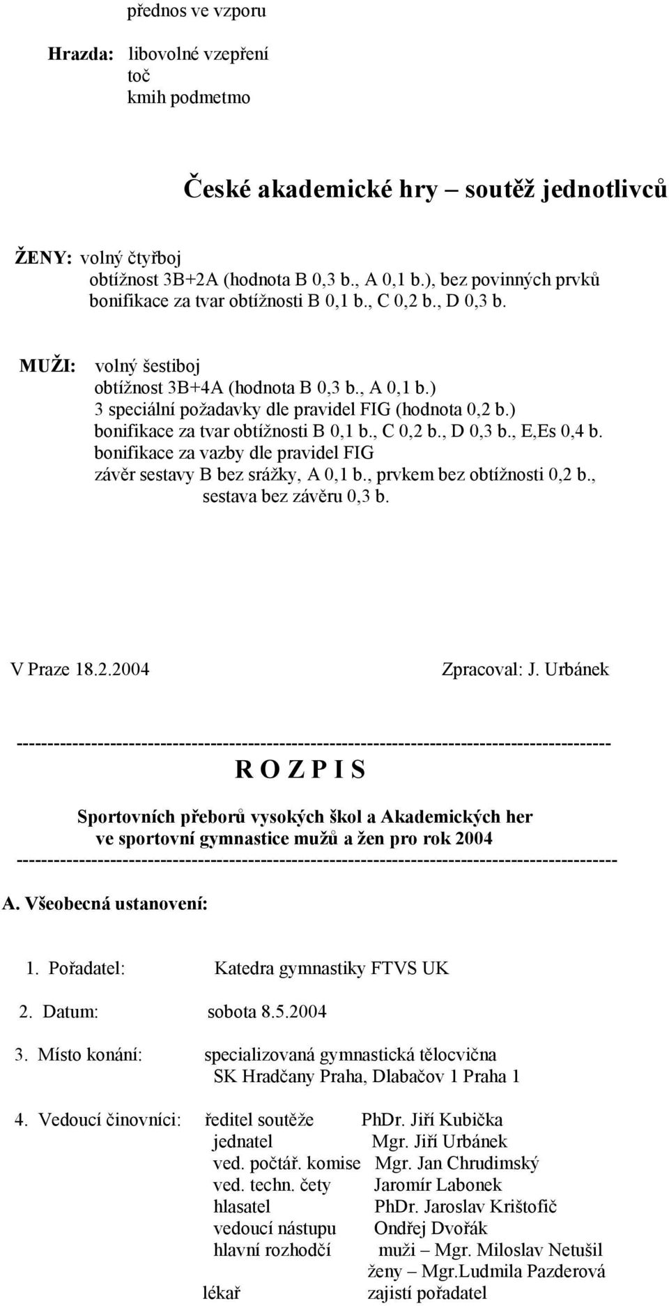 ) 3 speciální požadavky dle pravidel FIG (hodnota 0,2 b.) bonifikace za tvar obtížnosti B 0,1 b., C 0,2 b., D 0,3 b., E,Es 0,4 b.