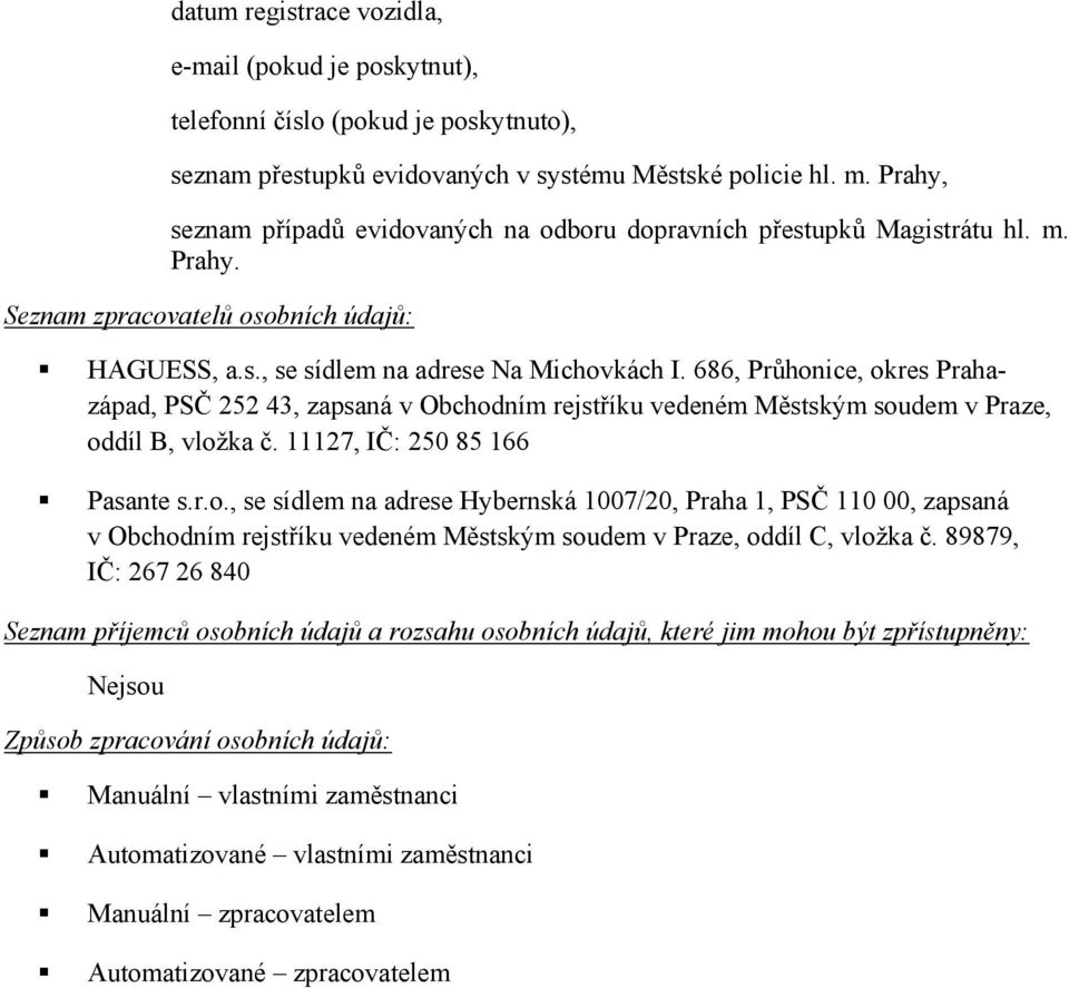 686, Průhonice, okres Prahazápad, PSČ 252 43, zapsaná v Obchodním rejstříku vedeném Městským soudem v Praze, oddíl B, vložka č. 11127, IČ: 250 85 166 Pasante s.r.o., se sídlem na adrese Hybernská 1007/20, Praha 1, PSČ 110 00, zapsaná v Obchodním rejstříku vedeném Městským soudem v Praze, oddíl C, vložka č.