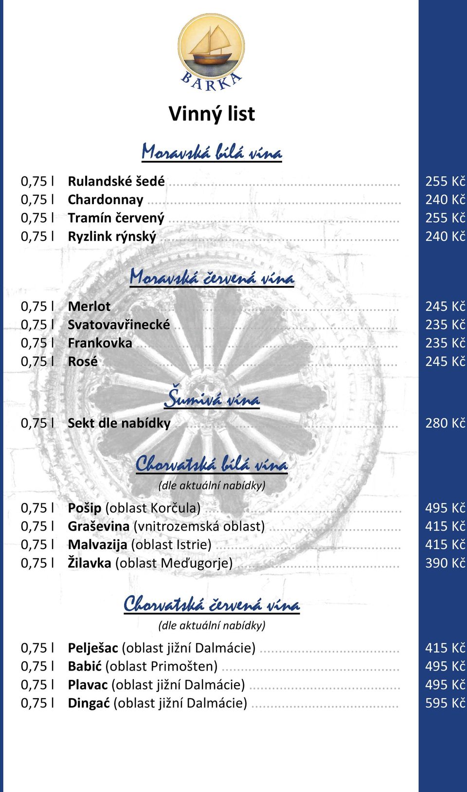 .. 280 Kč Chorvatská bílá vína (dle aktuální nabídky) 0,75 l Pošip (oblast Korčula)... 495 Kč 0,75 l Graševina (vnitrozemská oblast)... 415 Kč 0,75 l Malvazija (oblast Istrie).