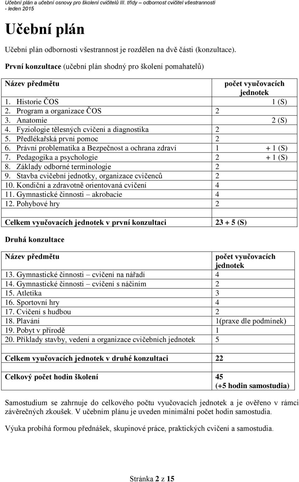 Právní problematika a Bezpečnost a ochrana zdraví 1 + 1 (S) 7. Pedagogika a psychologie 2 + 1 (S) 8. Základy odborné terminologie 2 9. Stavba cvičební jednotky, organizace cvičenců 2 10.