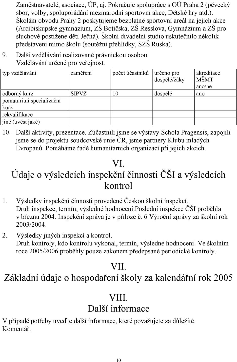 Školní divadelní studio uskutečnilo několik představení mimo školu (soutěžní přehlídky, SZŠ Ruská). 9. Další vzdělávání realizované právnickou osobou. Vzdělávání určené pro veřejnost.