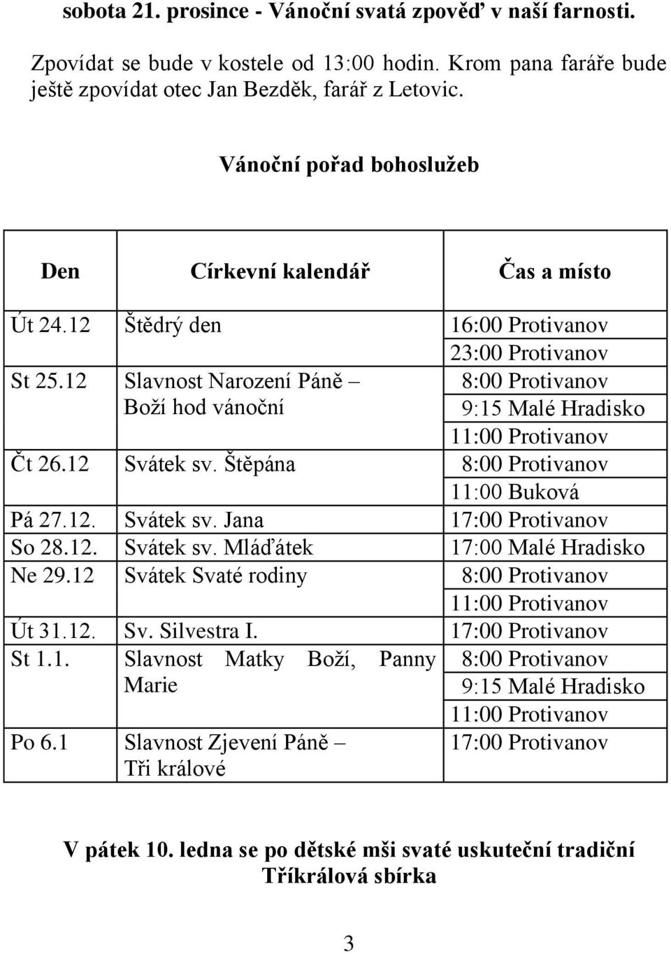 12 Slavnost Narození Páně Boží hod vánoční 8:00 Protivanov 9:15 Malé Hradisko 11:00 Protivanov Čt 26.12 Svátek sv. Štěpána 8:00 Protivanov 11:00 Buková Pá 27.12. Svátek sv. Jana 17:00 Protivanov So 28.