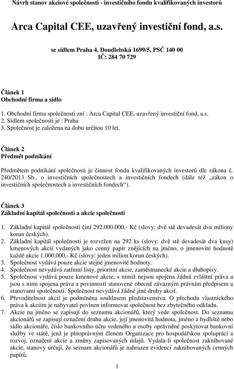Článek 2 Předmět podnikání Předmětem podnikání společnosti je činnost fondu kvalifikovaných investorů dle zákona č. 240/2013 Sb.