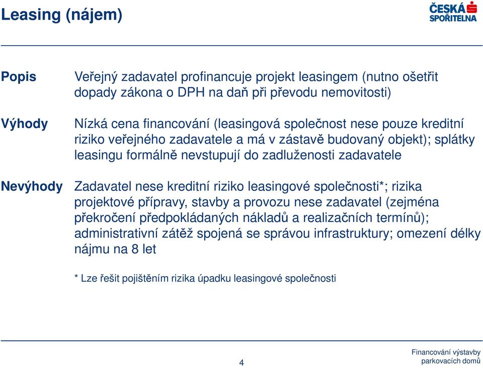 zadavatele Zadavatel nese kreditní riziko leasingové společnosti*; rizika projektové přípravy, stavby a provozu nese zadavatel (zejména překročení předpokládaných