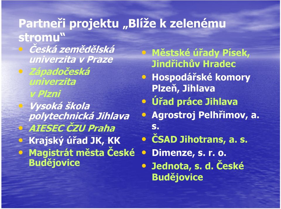 České Budějovice Městské úřady Písek, Jindřichův Hradec Hospodářské komory Plzeň, Jihlava Úřad práce