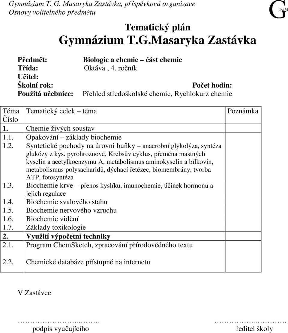 pyrohroznové, Krebsův cyklus, přeměna mastných kyselin a acetylkoenzymu A, metabolismus aminokyselin a bílkovin, metabolismus polysacharidů, dýchací řetězec, biomembrány, tvorba ATP, fotosyntéza 1.3.