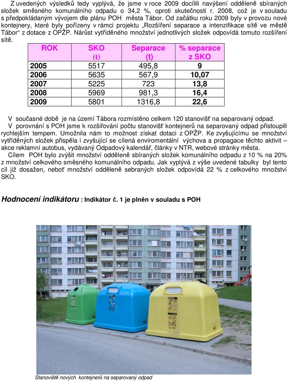 Od začátku roku 2009 byly v provozu nové kontejnery, které byly pořízeny v rámci projektu Rozšíření separace a intenzifikace sítě ve městě Tábor z dotace z OPŽP.