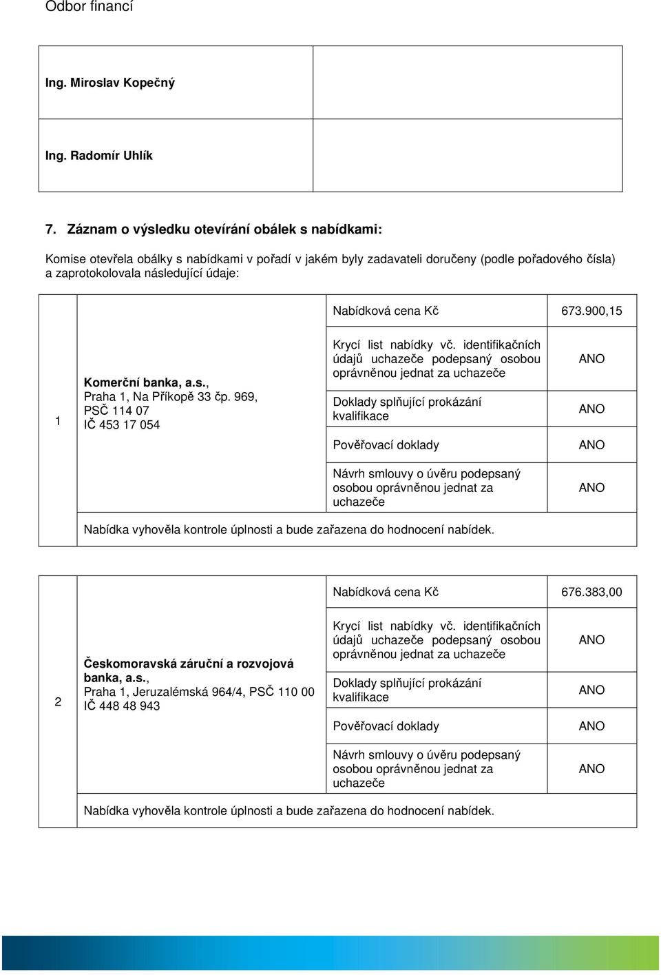 doručeny (podle pořadového čísla) a zaprotokolovala následující údaje: Nabídková cena Kč 67.900,5 Praha, Na Příkopě čp.