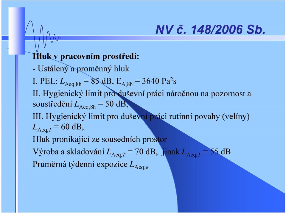 Hygienický limit pro duševní práci náročnou na pozornost a soustředění L Aeq,8h = 50 db, III.