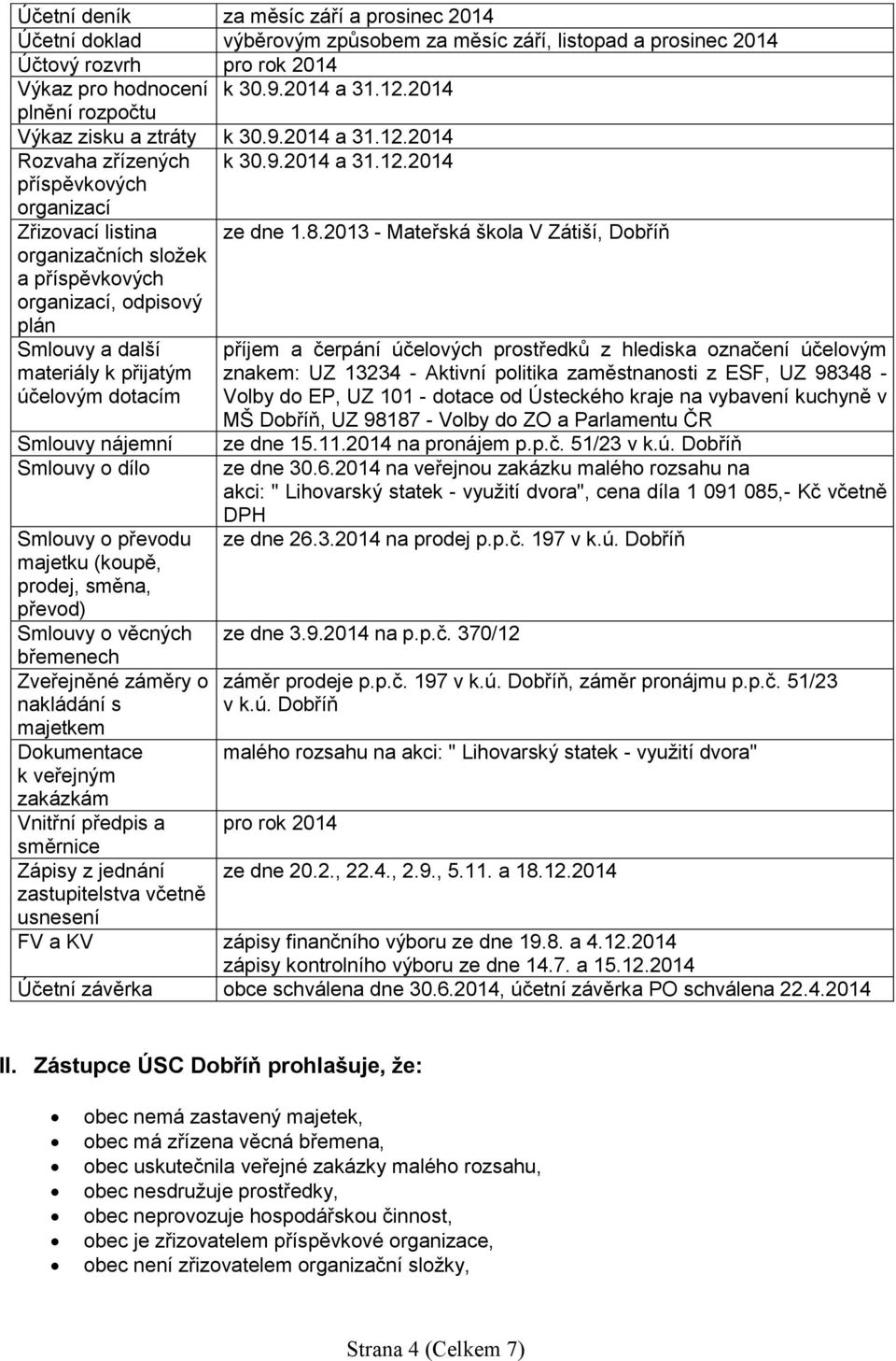 2013 - Mateřská škola V Zátiší, Dobříň organizačních složek a příspěvkových organizací, odpisový plán Smlouvy a další materiály k přijatým účelovým dotacím Smlouvy nájemní Smlouvy o dílo Smlouvy o
