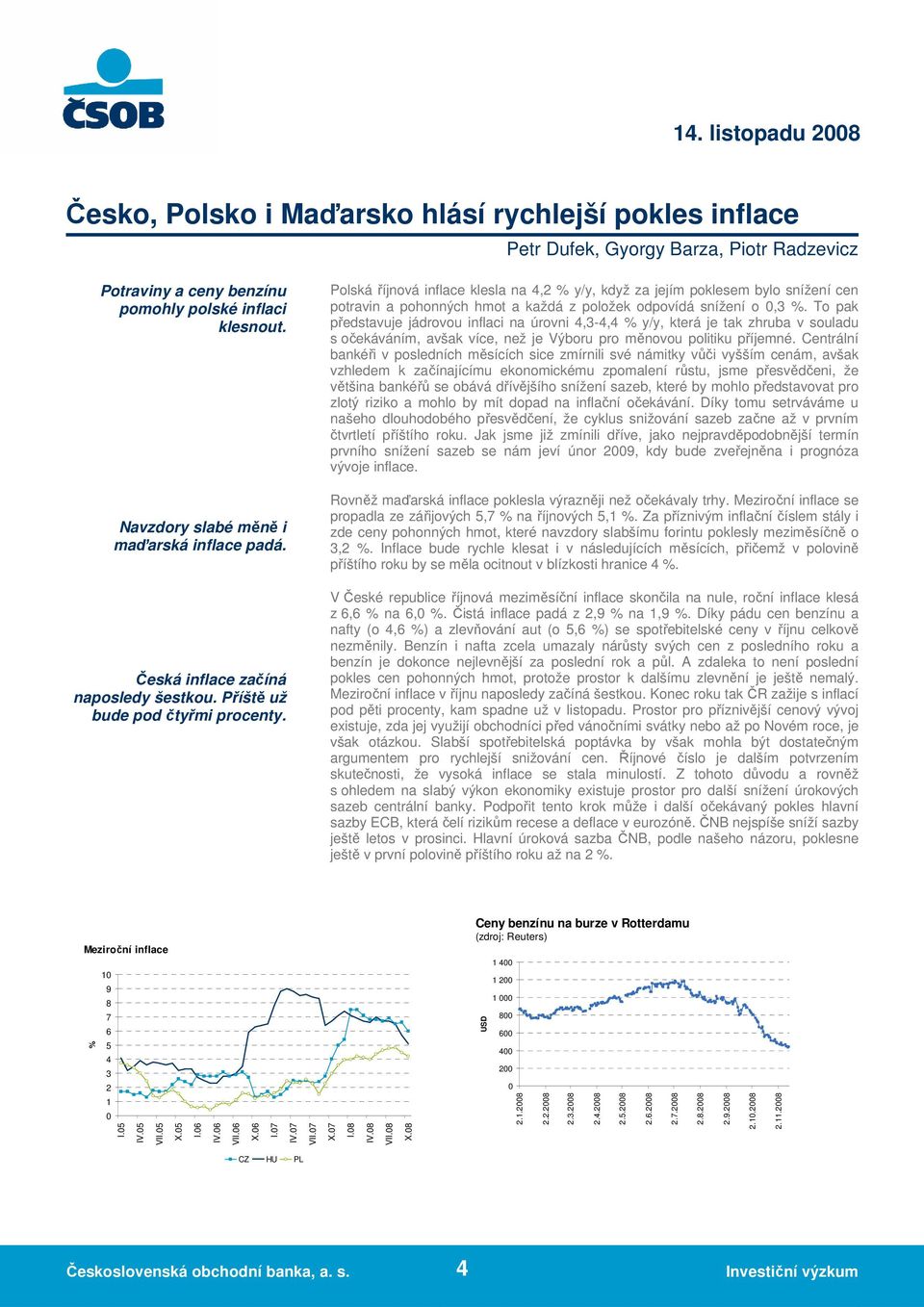 Polská říjnová inflace klesla na 4,2 % y/y, když za jejím poklesem bylo snížení cen potravin a pohonných hmot a každá z položek odpovídá snížení o 0,3 %.