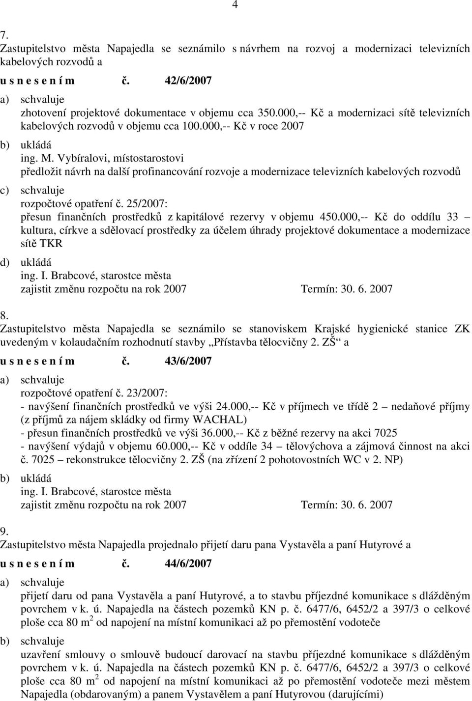 Vybíralovi, místostarostovi předložit návrh na další profinancování rozvoje a modernizace televizních kabelových rozvodů c) schvaluje rozpočtové opatření č.