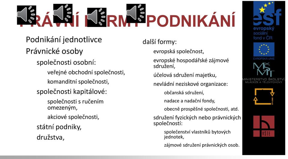 evropské hospodářské zájmové sdružení, účelová sdružení majetku, nevládní neziskové organizace: občanská sdružení, nadace a nadační fondy,