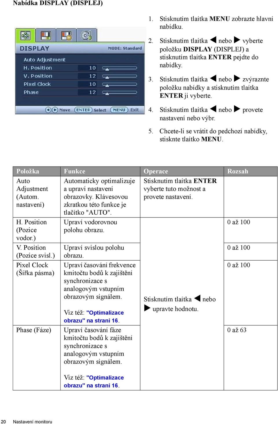 Chcete-li se vrátit do pedchozí nabídky, stisknte tlaítko MENU. Položka Funkce Operace Rozsah Auto Adjustment (Autom. nastavení) H. Position (Pozice vodor.) V. Position (Pozice svisl.