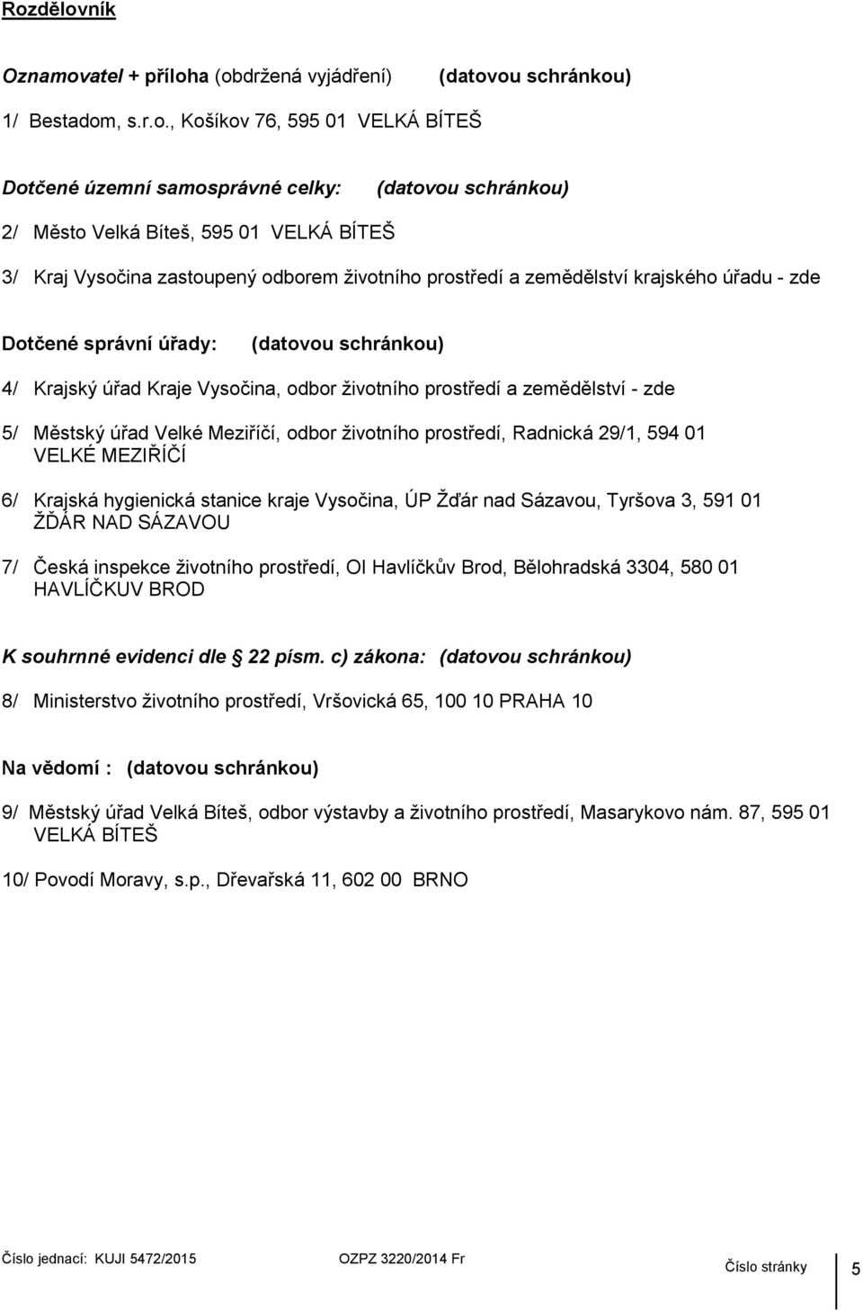 Meziříčí, odbor životního prostředí, Radnická 29/1, 594 01 VELKÉ MEZIŘÍČÍ 6/ Krajská hygienická stanice kraje Vysočina, ÚP Žďár nad Sázavou, Tyršova 3, 591 01 ŽĎÁR NAD SÁZAVOU 7/ Česká inspekce