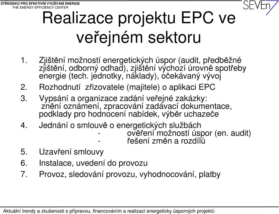 jednotky, náklady), očekávaný vývoj 2. Rozhodnutí zřizovatele (majitele) o aplikaci EPC 3.