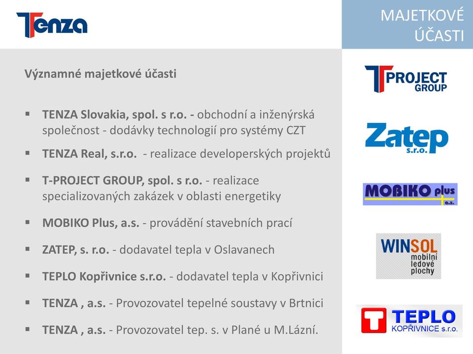 s. - provádění stavebních prací ZATEP, s. r.o. - dodavatel tepla v Oslavanech TEPLO Kopřivnice s.r.o. - dodavatel tepla v Kopřivnici TENZA, a.