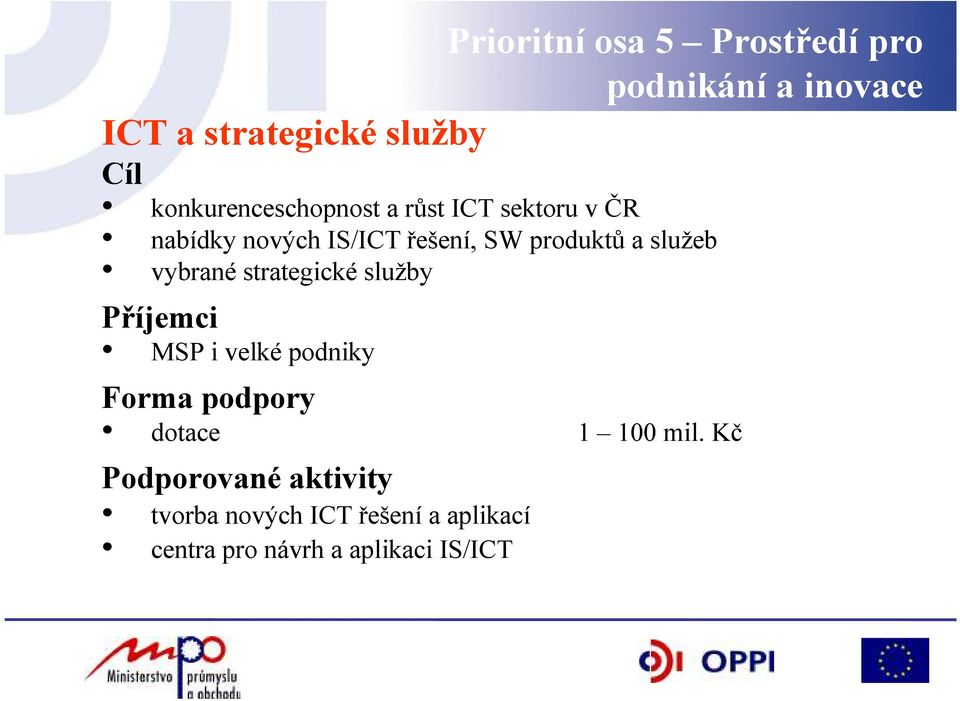 služeb vybrané strategické služby Příjemci MSP i velké podniky Forma podpory dotace 1