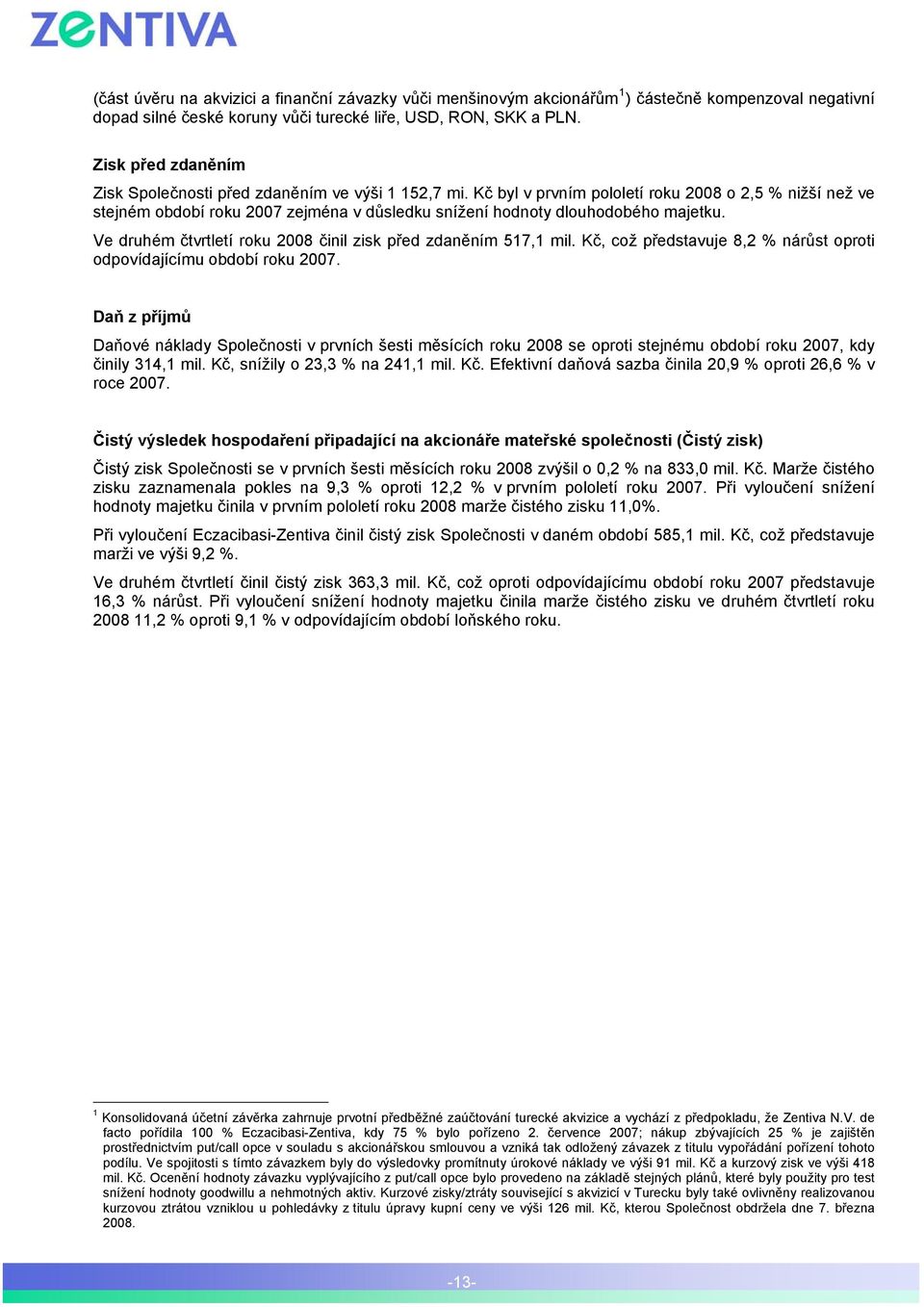 Kč byl v prvním pololetí roku 2008 o 2,5 % nižší než ve stejném období roku 2007 zejména v důsledku snížení hodnoty dlouhodobého majetku.