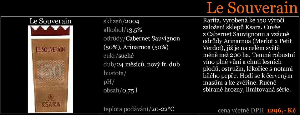 Cuvée z Cabernet Sauvignonu a vzácné odrůdy Arinarnoa (Merlot x Petit Verdot), jíž je na celém světě méně než 200 ha.