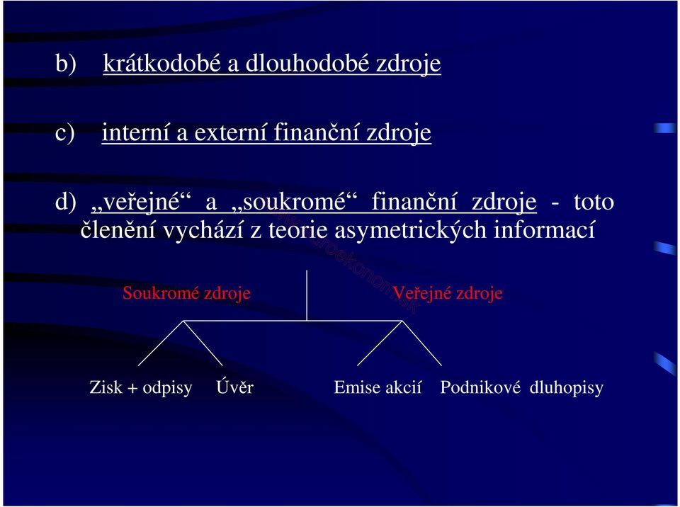 členění vychází z teorie asymetrických informací Soukromé