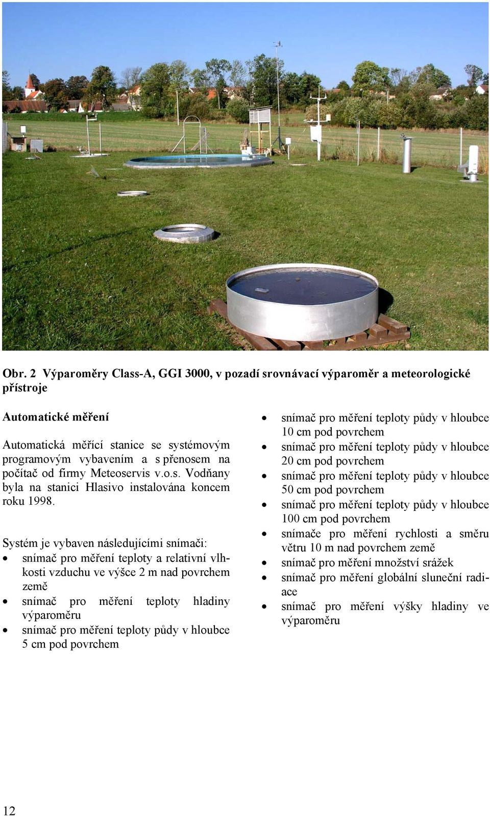 Systém je vybaven následujícími snímači: snímač pro měření teploty a relativní vlhkosti vzduchu ve výšce 2 m nad povrchem země snímač pro měření teploty hladiny výparoměru snímač pro měření teploty