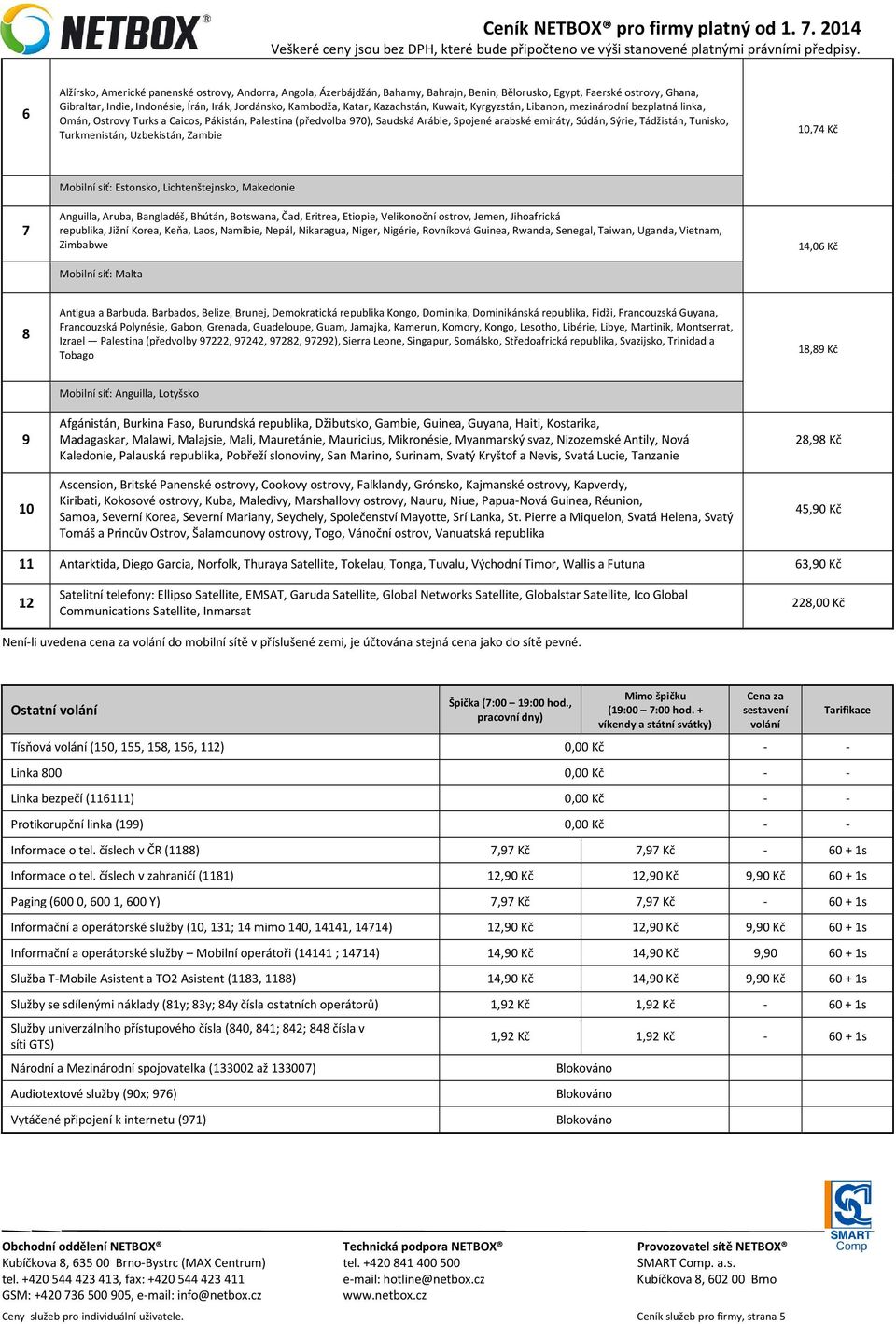 Tádžistán, Tunisko, Turkmenistán, Uzbekistán, Zambie 10,74 Kč 7 Mobilní síť: Estonsko, Lichtenštejnsko, Makedonie Anguilla, Aruba, Bangladéš, Bhútán, Botswana, Čad, Eritrea, Etiopie, Velikonoční