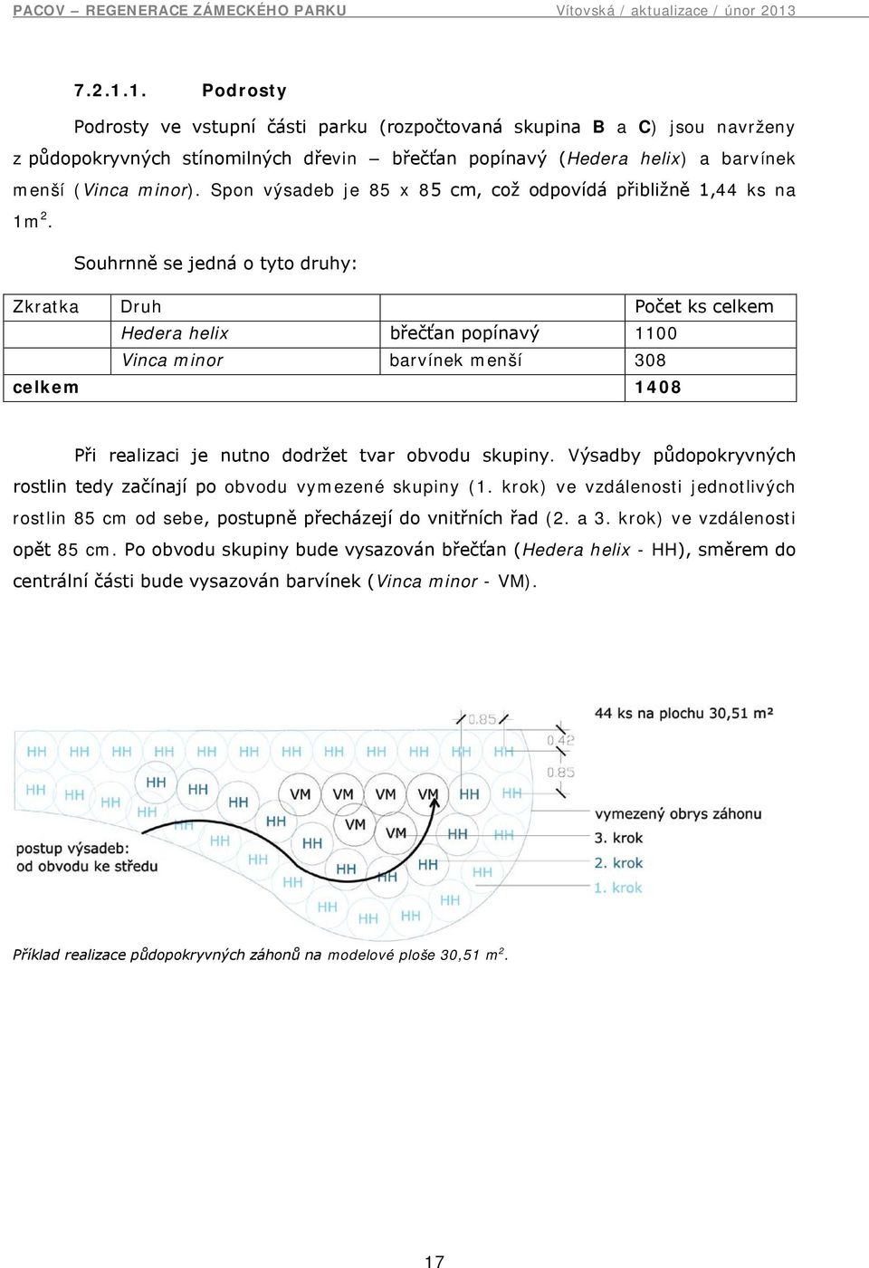 Souhrnně se jedná o tyto druhy: Zkratka Druh Počet ks celkem Hedera helix břečťan popínavý 1100 Vinca minor barvínek menší 308 celkem 1408 Při realizaci je nutno dodržet tvar obvodu skupiny.