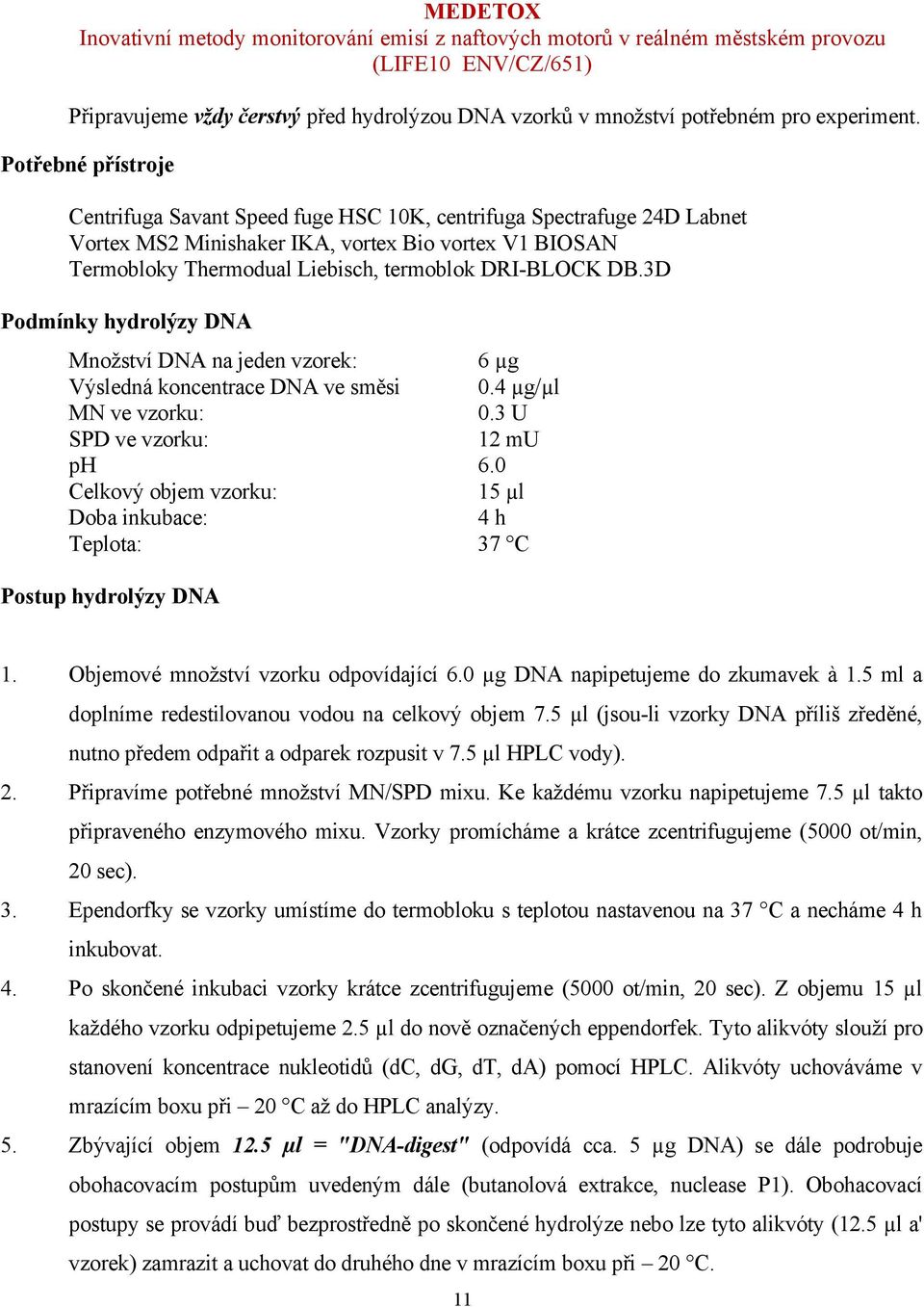 DB.3D Podmínky hydrolýzy DNA Množství DNA na jeden vzorek: 6 µg Výsledná koncentrace DNA ve směsi 0.4 µg/µl MN ve vzorku: 0.3 U SPD ve vzorku: 12 mu ph 6.