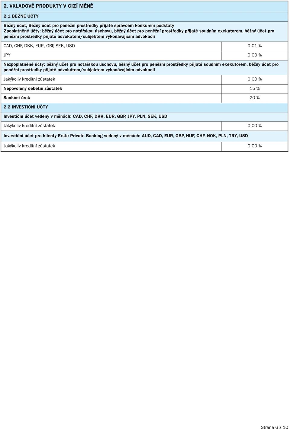 exekutorem, běžný účet pro peněžní prostředky přijaté advokátem/subjektem vykonávajícím advokacii CAD, CHF, DKK, EUR, GBP, SEK, USD 0,01 % JPY 0,00 % Nezpoplatněné účty: běžný účet pro notářskou