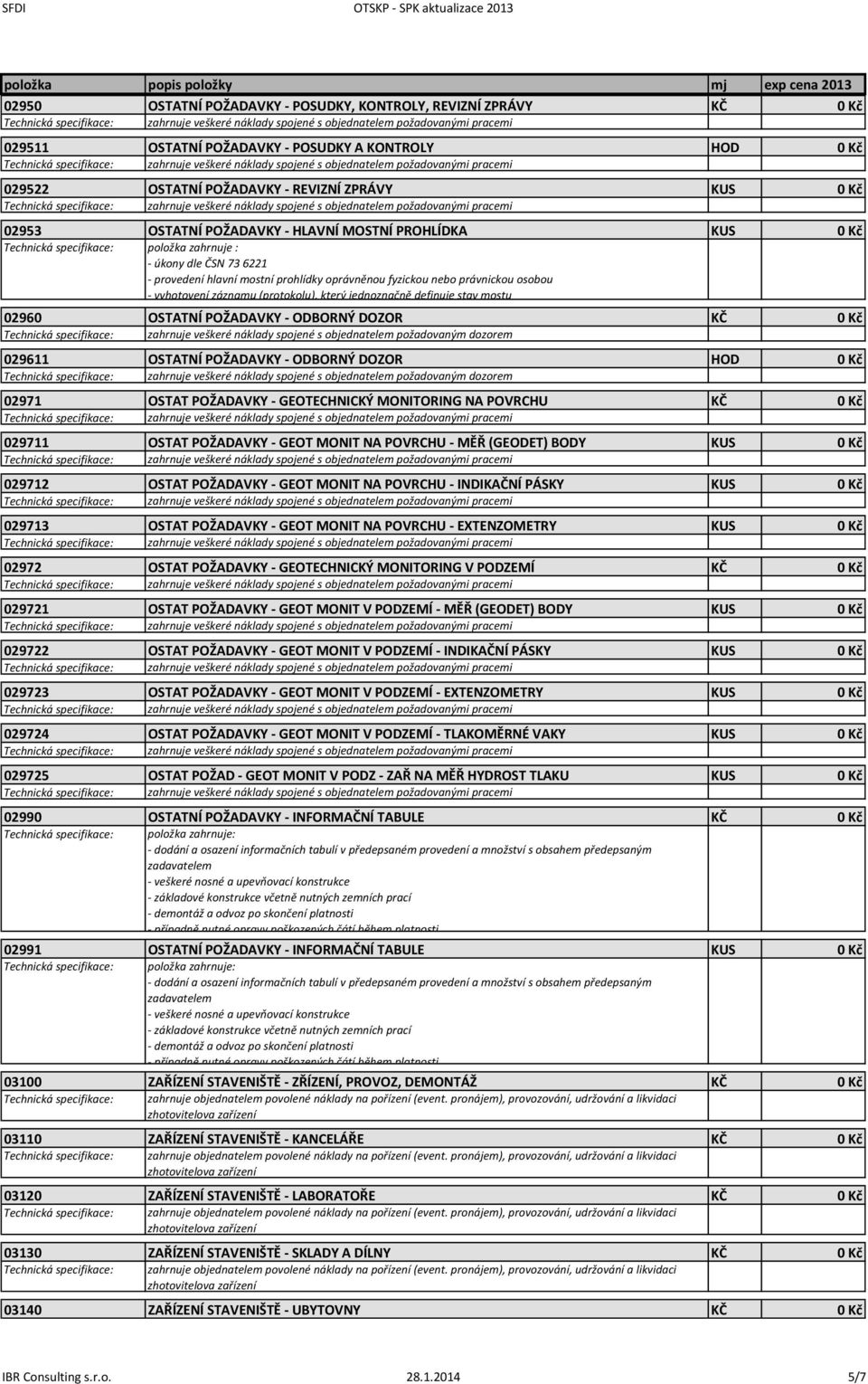 (protokolu), který jednoznačně definuje stav mostu 02960 OSTATNÍ POŽADAVKY - ODBORNÝ DOZOR KČ 0 Kč Technická specifikace: zahrnuje veškeré náklady spojené s objednatelem požadovaným dozorem 029611