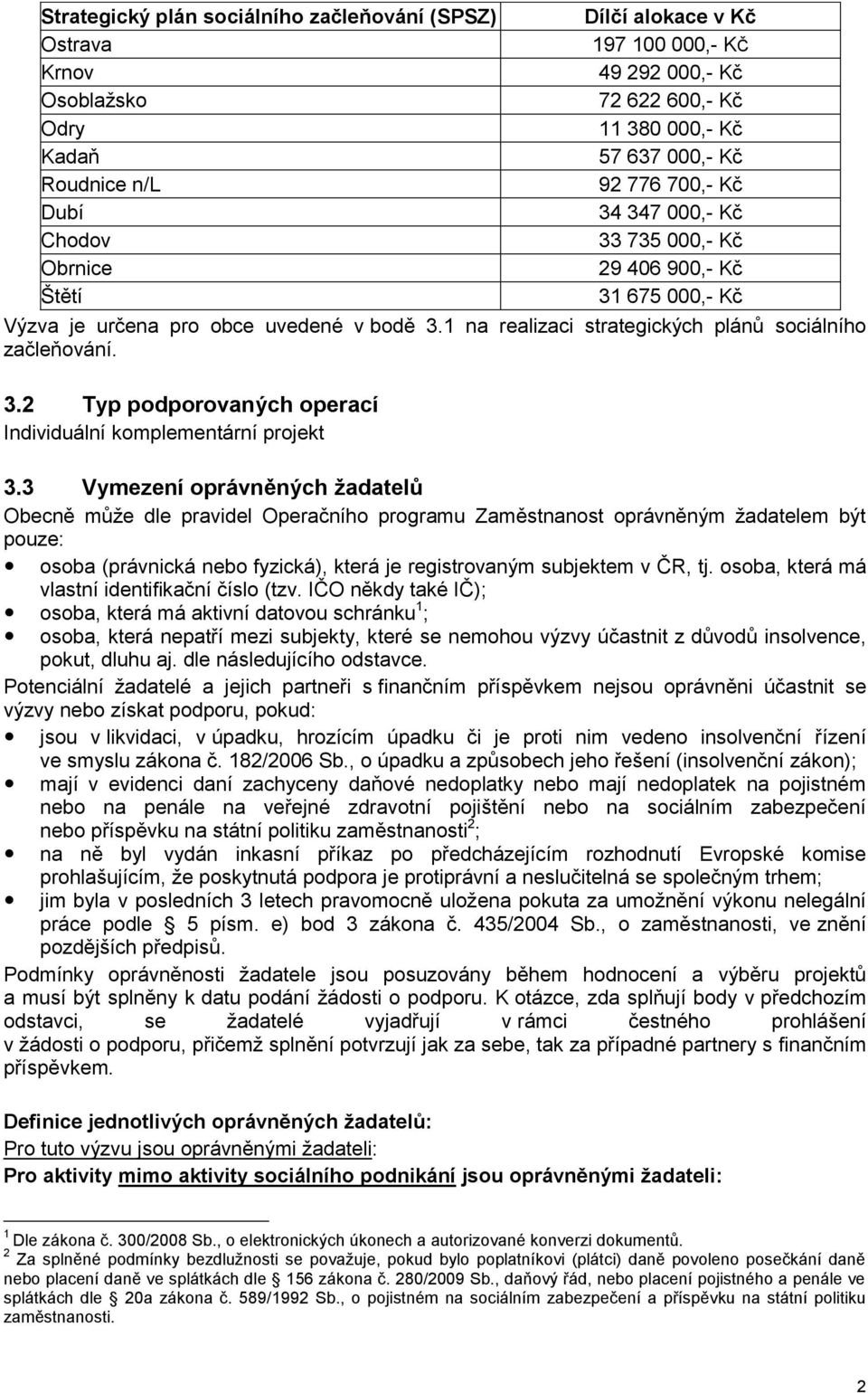 1 na realizaci strategických plánů sociálního začleňování. 3.2 Typ podporovaných operací Individuální komplementární projekt 3.