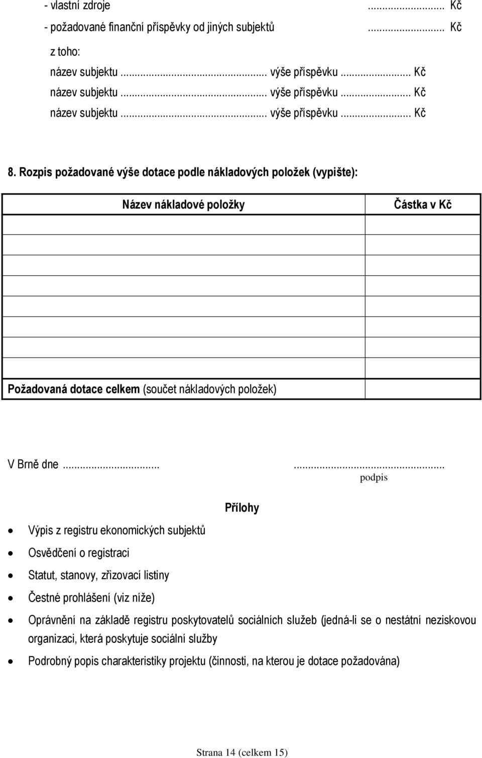 ..... podpis Přílohy Výpis z registru ekonomických subjektů Osvědčení o registraci Statut, stanovy, zřizovací listiny Čestné prohlášení (viz níže) Oprávnění na základě registru poskytovatelů